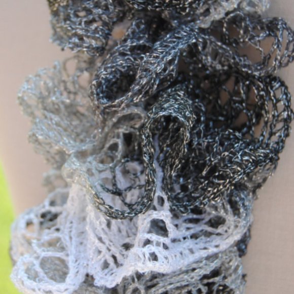 Crochet Black, White, and Gray Sparkle Ruffle Scarf/New - Picture 3 of 3